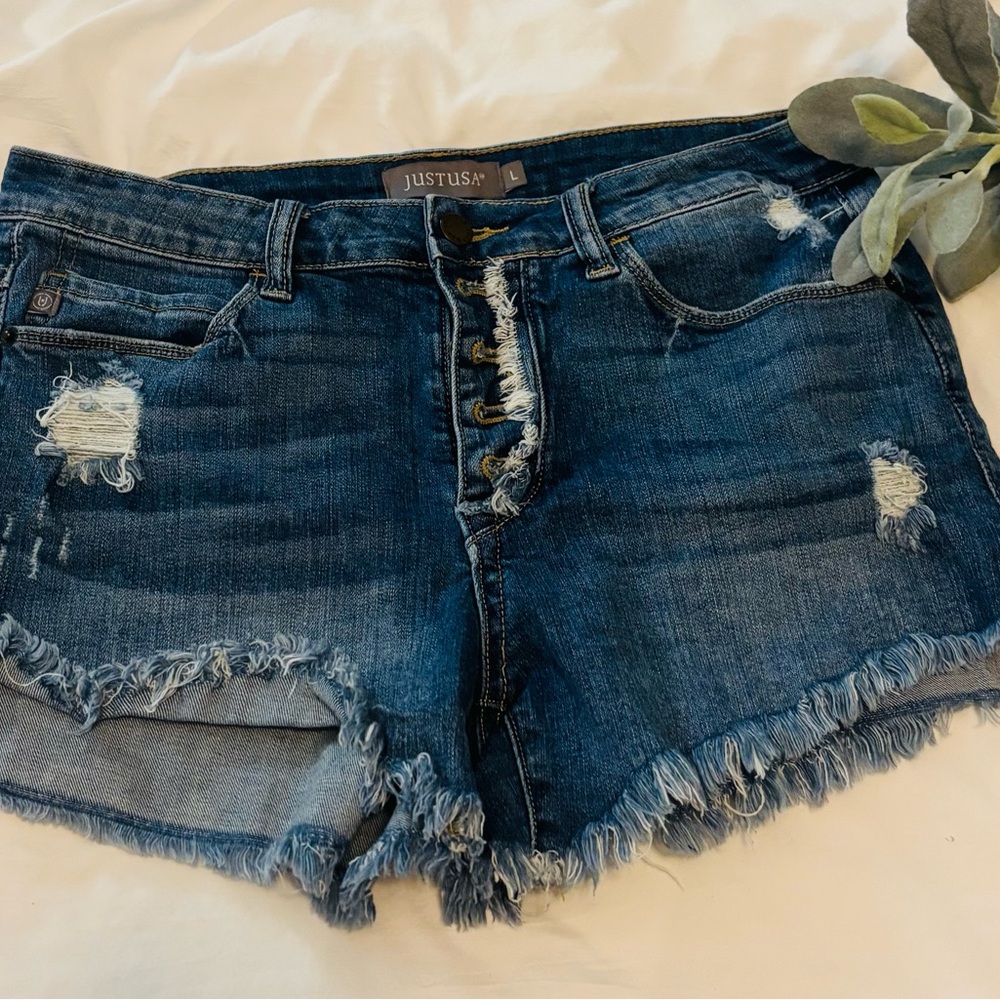 Just USA Women's Frayed Jean Shorts - Dark Blue